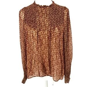 Sezane Brown Floral Smocked Long Sleeve Blouse